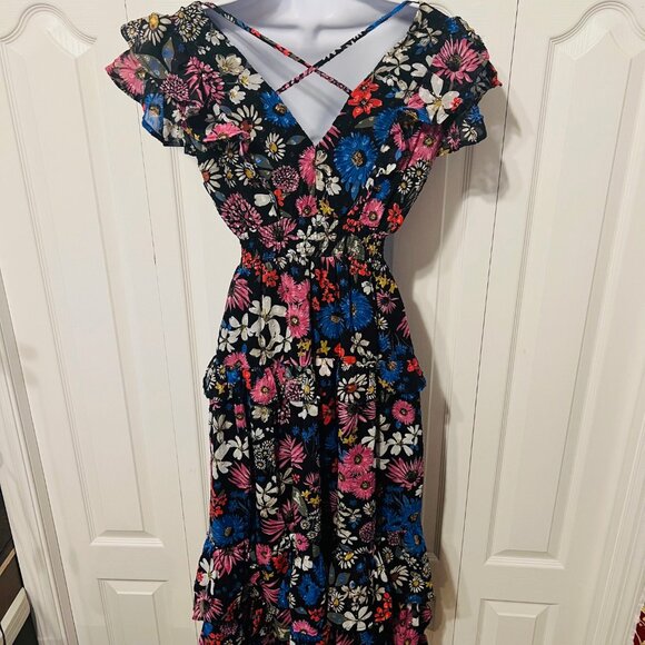KoKo & Mason-Long Ruffled Floral Dress-Size X Small-Black/Pink Mix-Boho-Ruffles - Picture 9 of 16